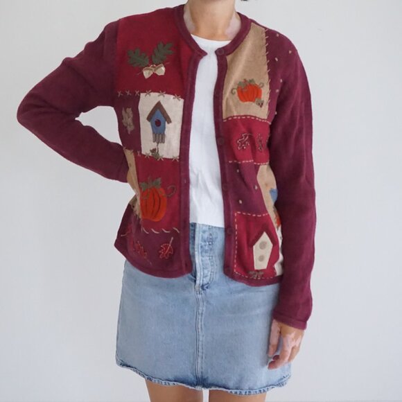 Sweaters - Croft & Barrow Burgundy Patchwork Pumpkin Birdhouse Cardigan Holiday Harvest S
